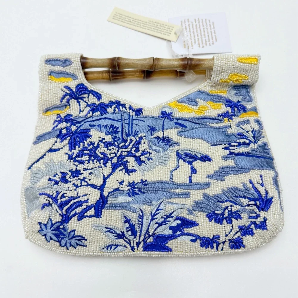 Chinoiserie Blue White Heron Bird Landscape Beaded Wooden Bamboo Clutch India